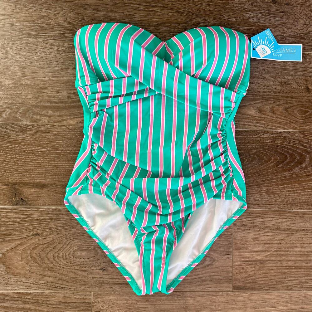 Draper James RSVP Preppy Stripe Swimsuit Ruched Small Pink Green NO STRAPS NEW